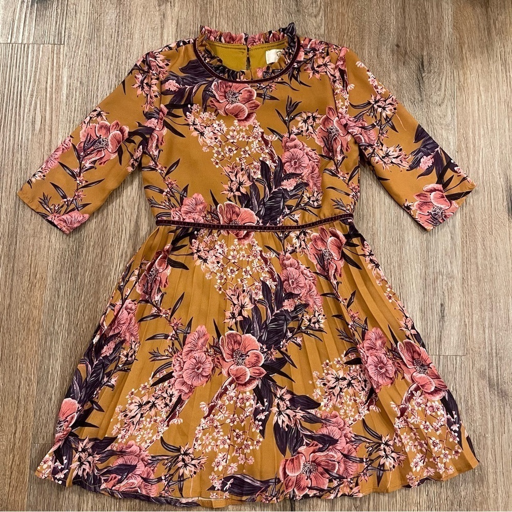Gianni Bini Girls Dress Size 5 Yellow Floral Pleated Sleeves Dressy Formal Midi